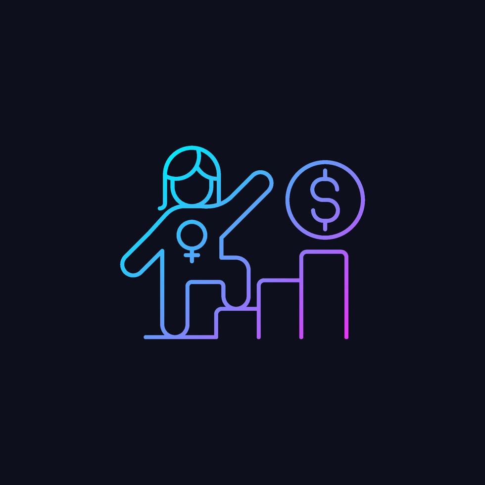 Career ladder for women gradient vector icon for dark theme. Successful woman in workplace. Gender equality in salary. Thin line color symbol. Modern style pictogram. Vector isolated outline drawing