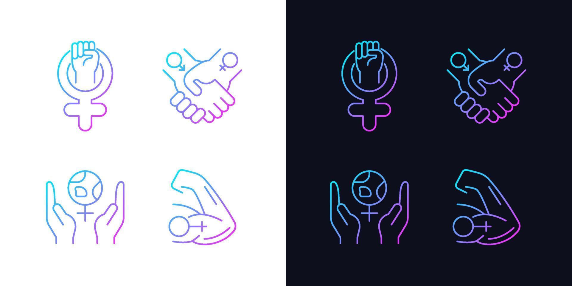 Girl power gradient icons set for dark and light mode. Leadership in movement. Feminism support. Thin line contour symbols bundle. Isolated vector outline illustrations collection on black and white