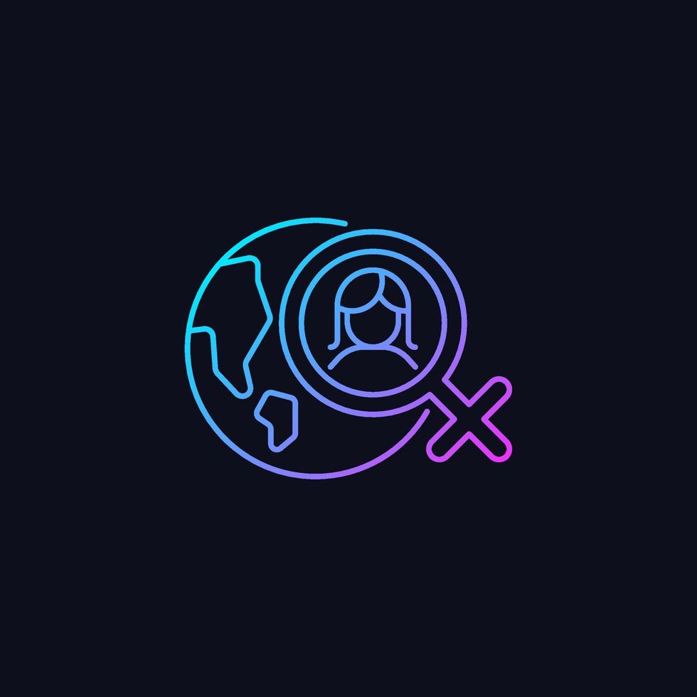 Global feminism gradient vector icon for dark theme. Achieve gender equality. Women rights movement across globe. Thin line color symbol. Modern style pictogram. Vector isolated outline drawing