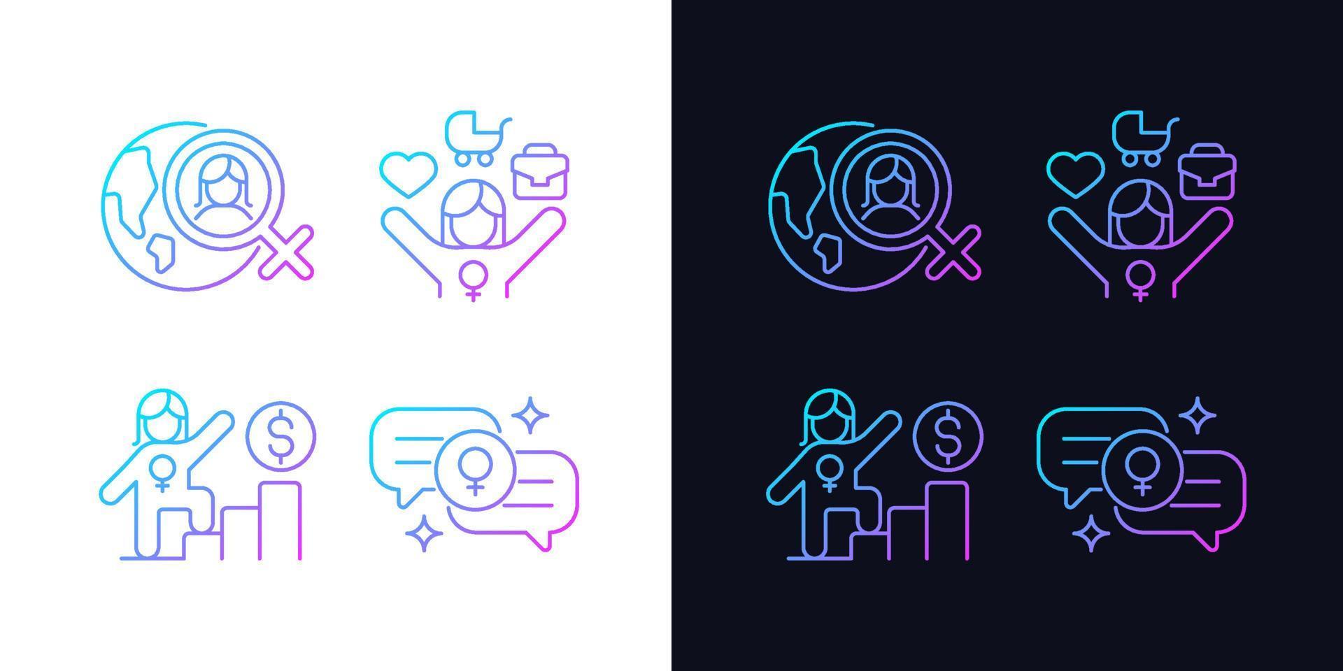 Mainstream feminism gradient icons set for dark and light mode. Working mom. Career ladder. Thin line contour symbols bundle. Isolated vector outline illustrations collection on black and white