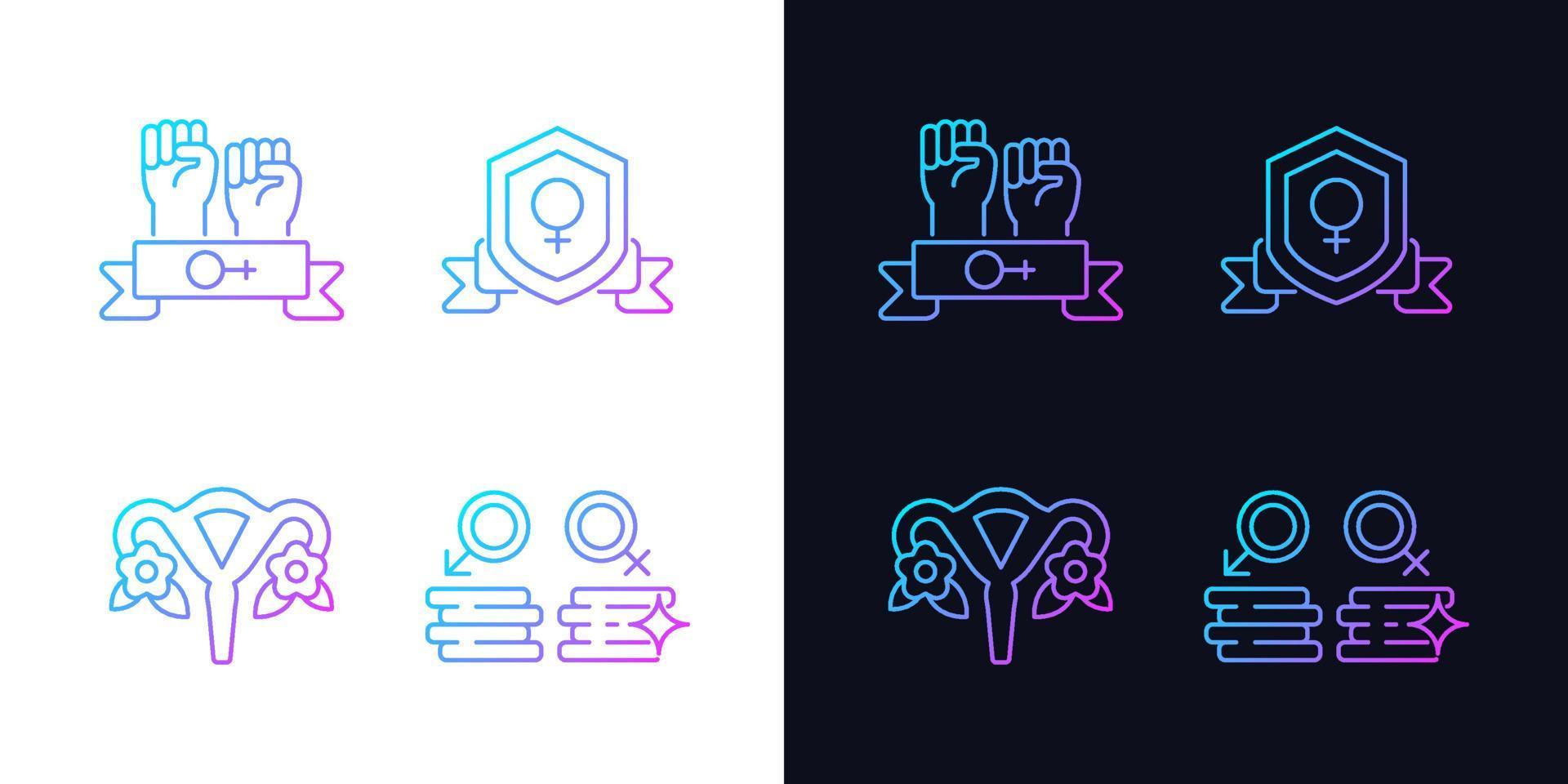 Female empowerment gradient icons set for dark and light mode. Advancing gender equality. Thin line contour symbols bundle. Isolated vector outline illustrations collection on black and white