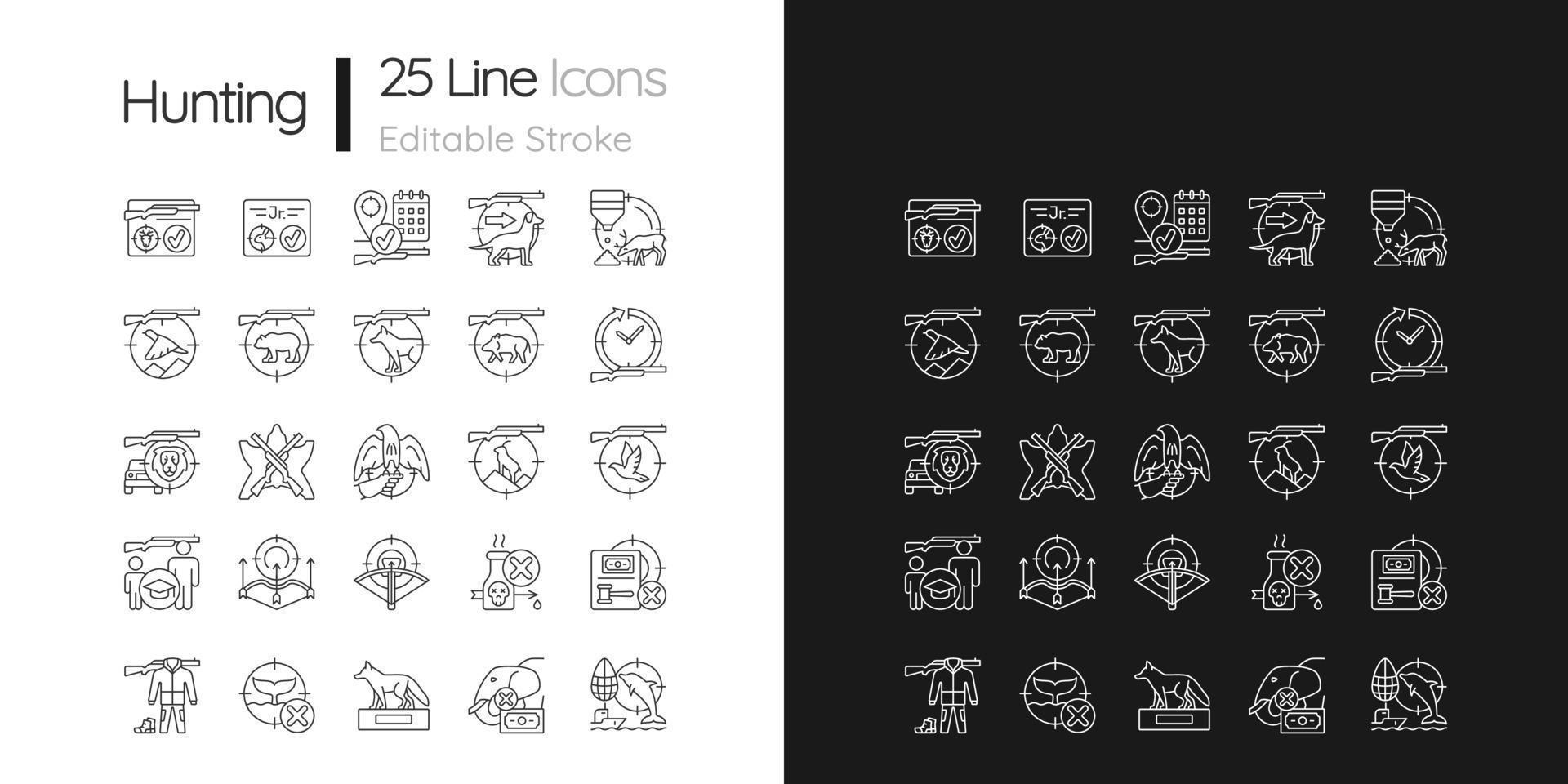 Wild animals hunting linear icons set for dark and light mode. Big and small game hunting. Hunt license. Customizable thin line symbols. Isolated vector outline illustrations. Editable stroke