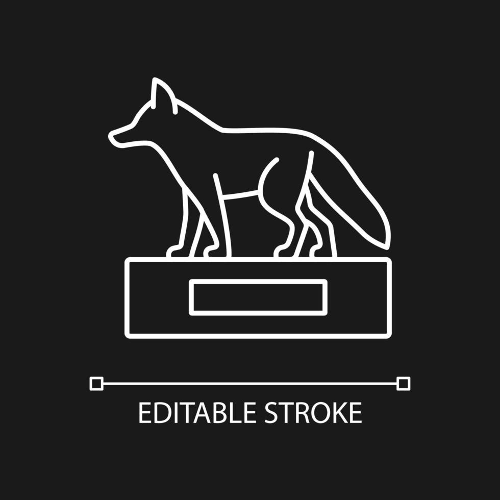 Taxidermy white linear icon for dark theme. Stuffing wild dead animals. Animal body display. Thin line customizable illustration. Isolated vector contour symbol for night mode. Editable stroke