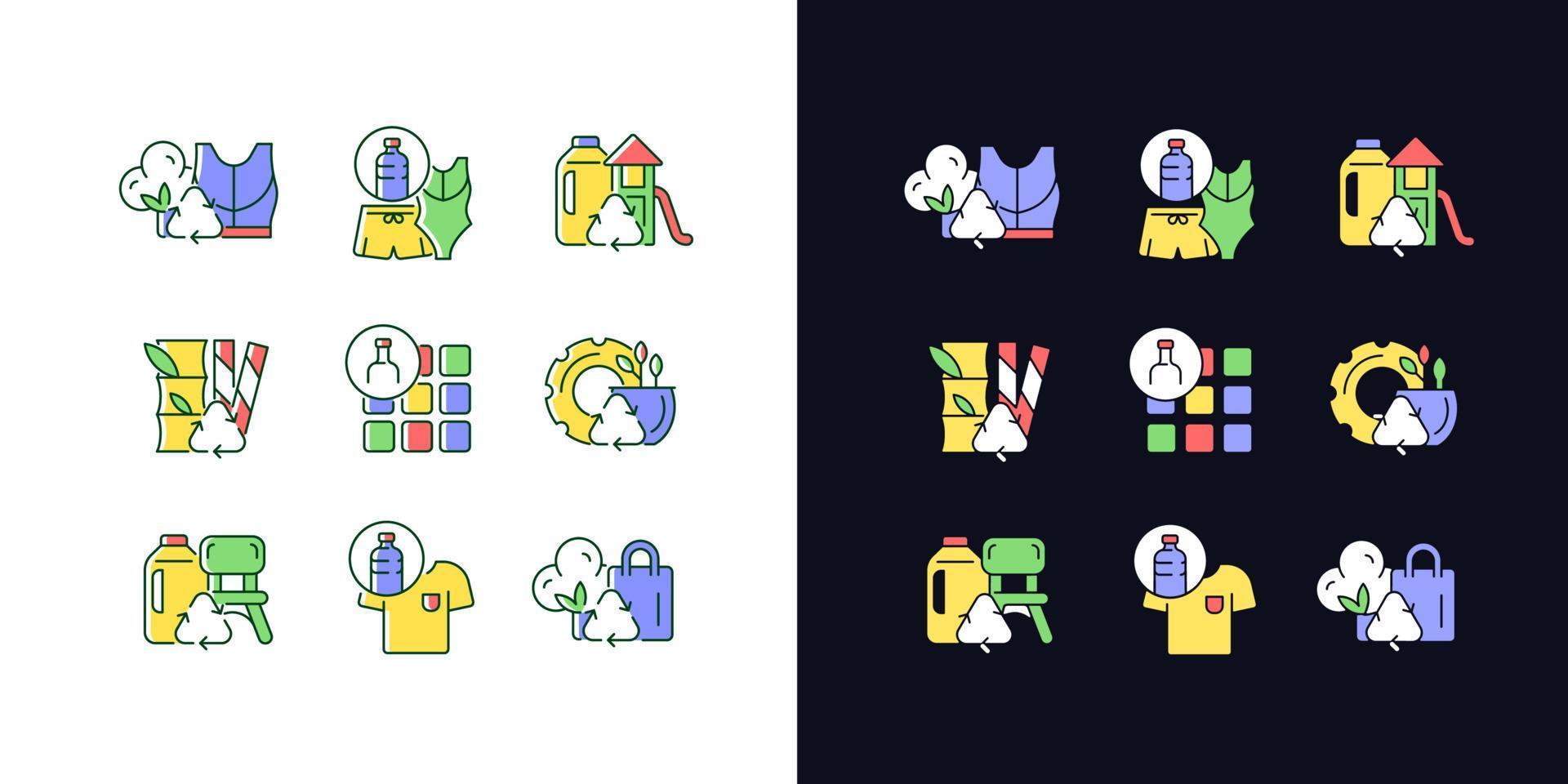 Natural resources conservation light and dark theme RGB color icons set. Reuse plastic products. Zero waste. Isolated vector illustrations on white and black space. Simple filled line drawings pack