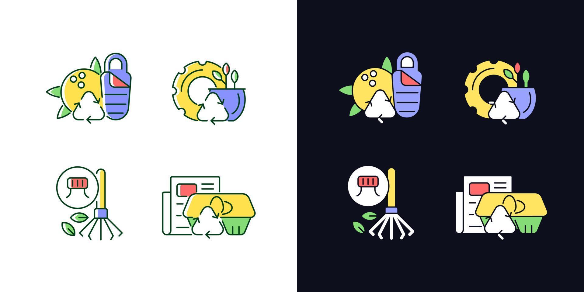 Processing recycled material light and dark theme RGB color icons set. Sustainable camping gear. Paper egg box. Isolated vector illustrations on white and black space. Simple filled line drawings pack