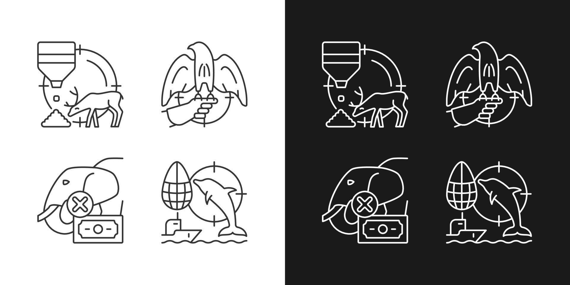 Illegal hunting linear icons set for dark and light mode. Dolphin and elephant cruel hunt. Unlawful ivory trade. Customizable thin line symbols. Isolated vector outline illustrations. Editable stroke