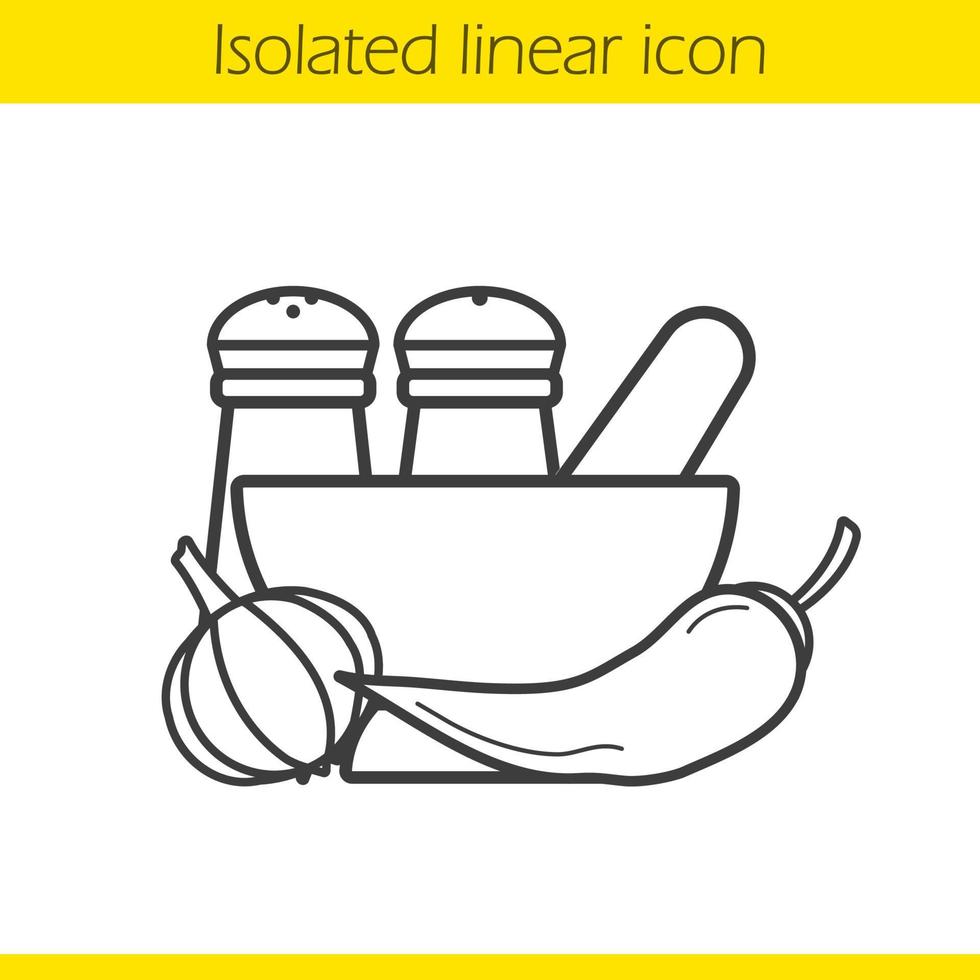 Spices linear icon. Thin line illustration. Salt and pepper shakers, garlic, mortar and pestle, chili contour symbol. Vector isolated outline drawing