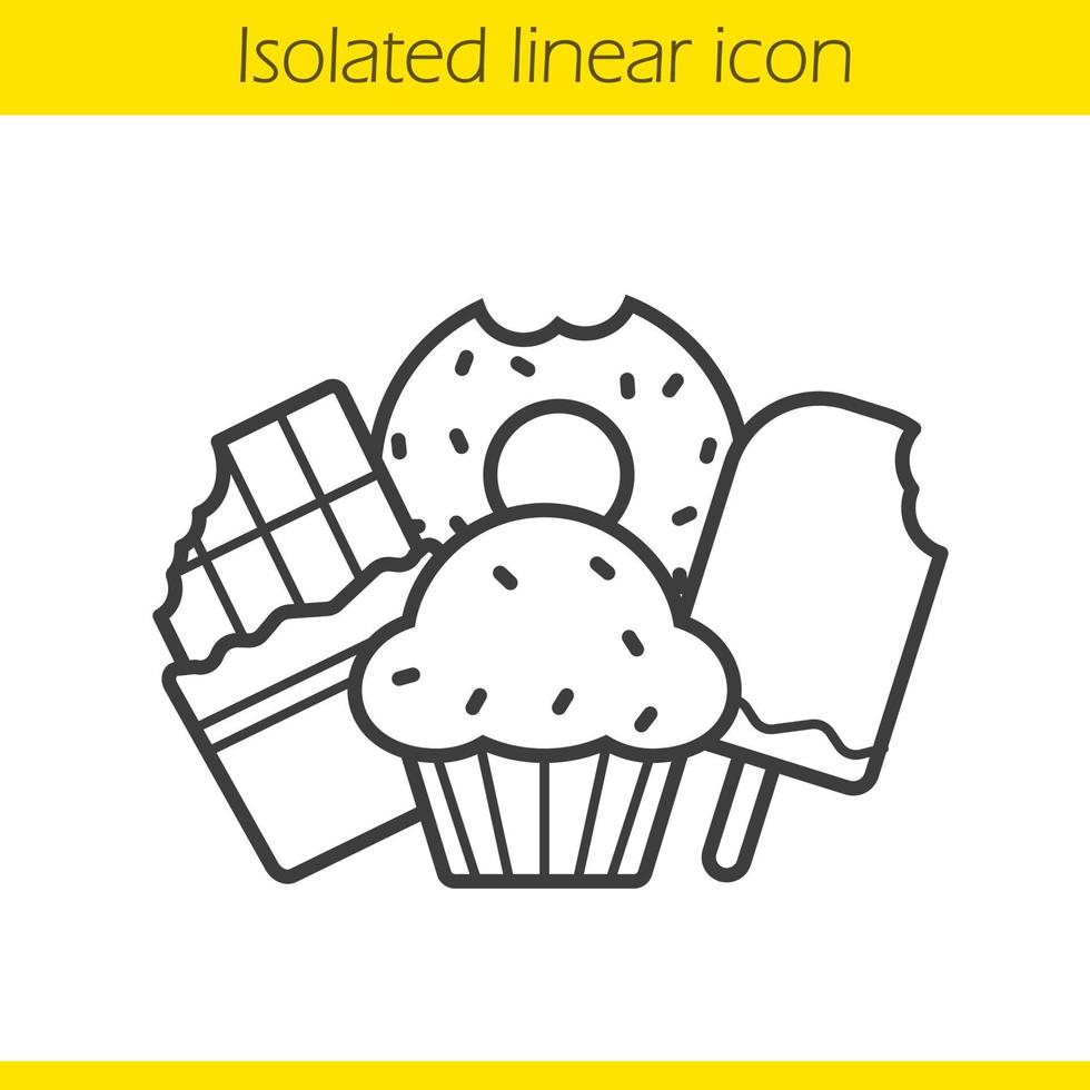 icono lineal de confitería. Ilustración de línea fina. barra de chocolate, rosquilla mordida, muffin con pasas y símbolo de contorno de helado. dibujo de contorno aislado vectorial vector