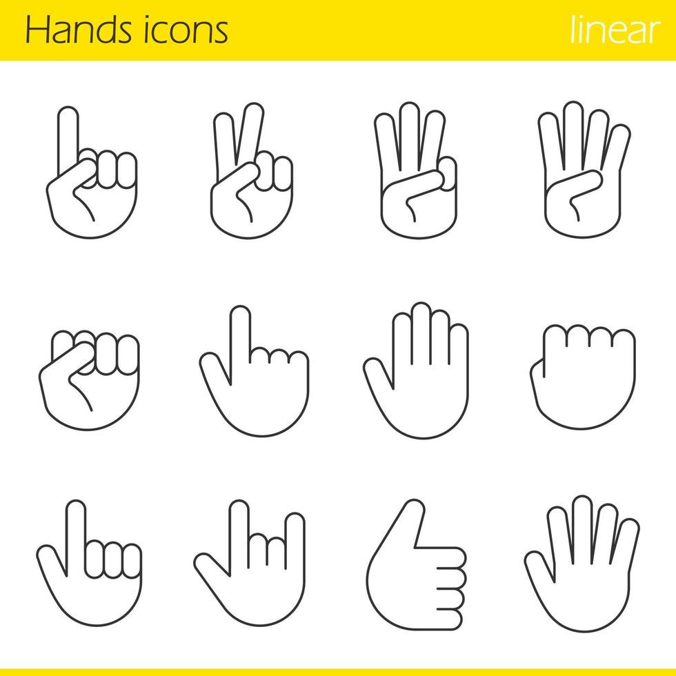 Hand gesture linear icons set. Point out, cool, approve, hello, heavy metal, thumbs up, fist, direction point symbols. One, two, three, four, five fingers. Thin line. Isolated vector illustrations