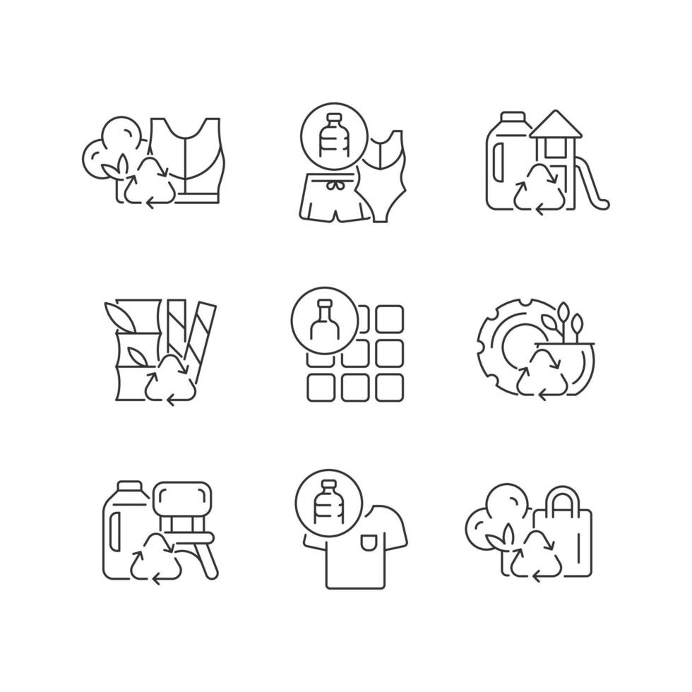Natural resources conservation linear icons set. Reuse plastic products. Eco-friendly trend. Zero waste. Customizable thin line contour symbols. Isolated vector outline illustrations. Editable stroke