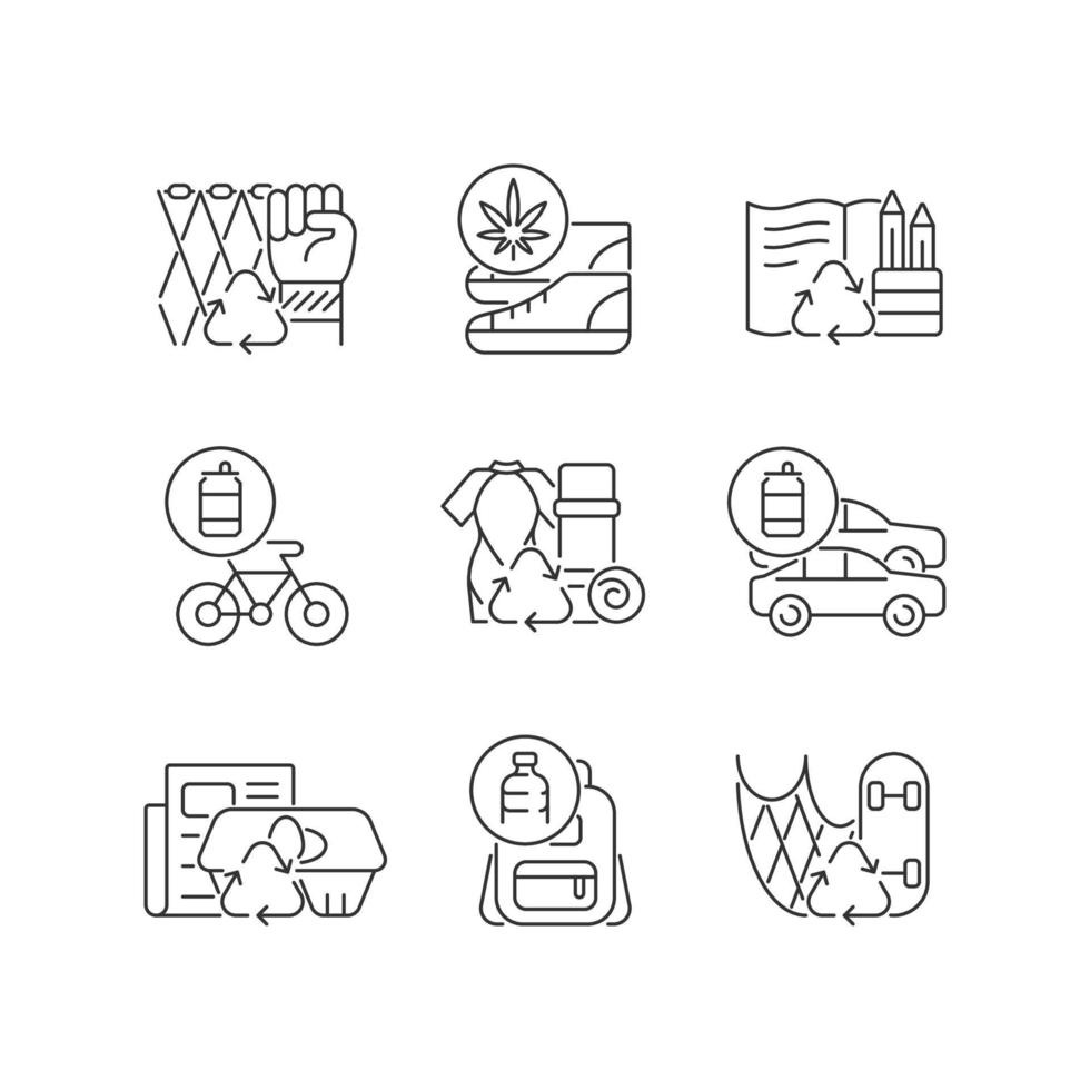 Reducing waste linear icons set. Upcycling products. Eco friendly shoes. Biodegradable stationery. Customizable thin line contour symbols. Isolated vector outline illustrations. Editable stroke