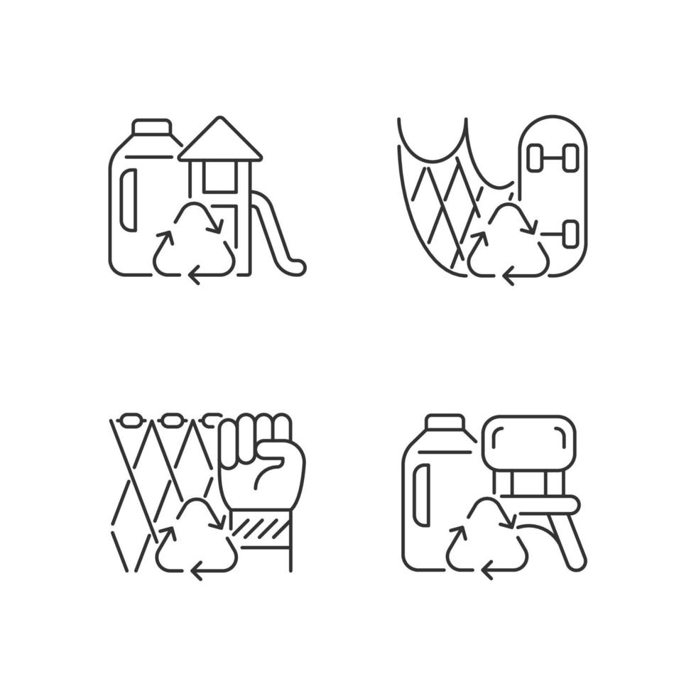 Recycling for sustainability linear icons set. Fishing gear reuse. Eco friendly playground. Customizable thin line contour symbols. Isolated vector outline illustrations. Editable stroke