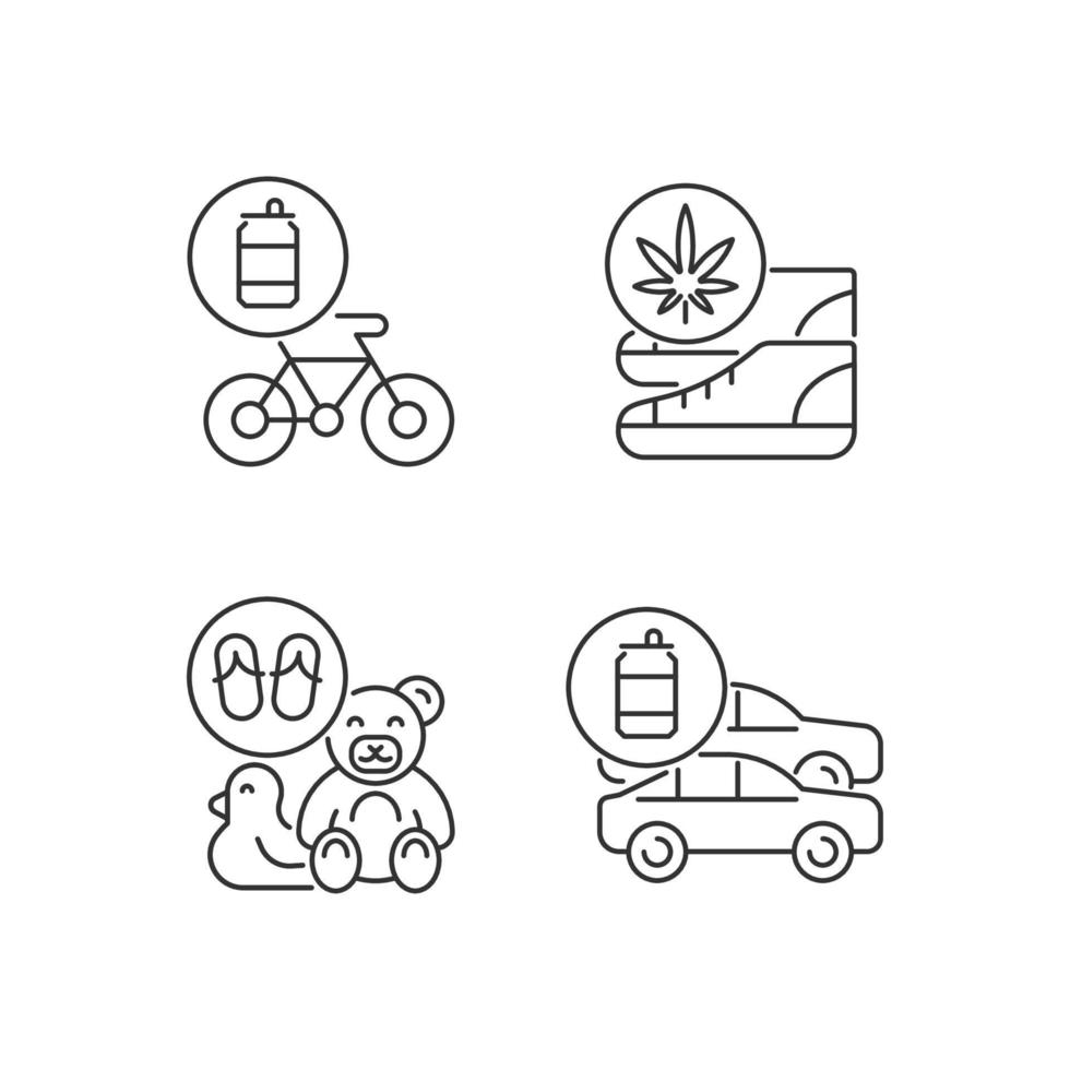 Reciclaje de conjunto de iconos lineales de negocios. bicicleta ecológica. zapatos sostenibles. juguetes de chanclas. símbolos de contorno de línea fina personalizables. ilustraciones de contorno de vector aislado. trazo editable