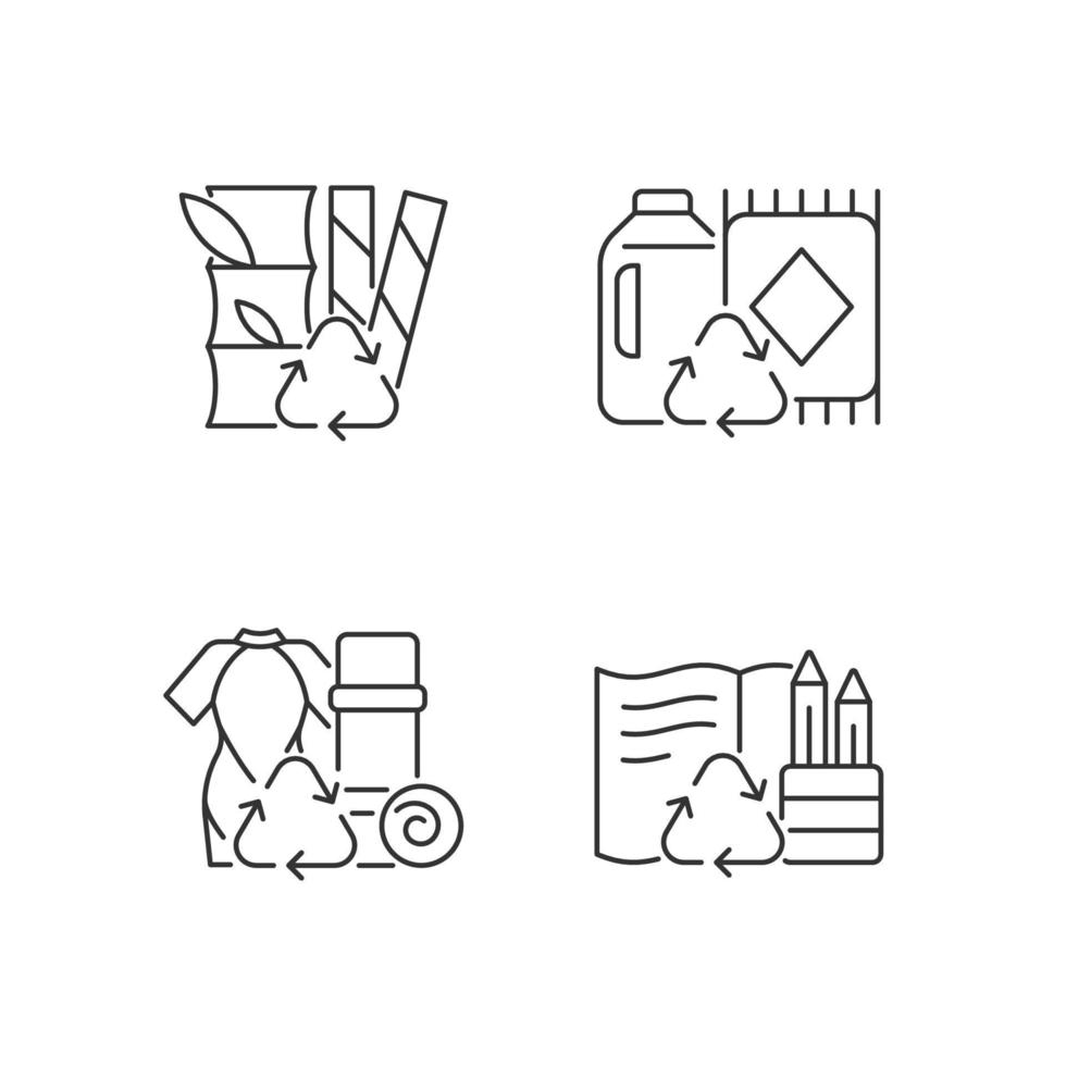 Reduce environmental pollution linear icons set. Compostable straws. Ethical flooring option. Customizable thin line contour symbols. Isolated vector outline illustrations. Editable stroke