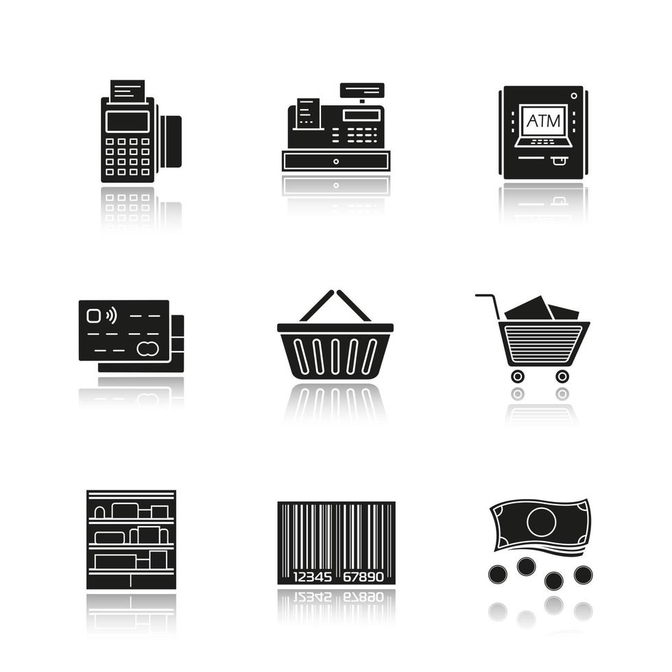 Supermarket drop shadow black icons set. Grocery store. Pos terminal, cash register, atm machine, credit card, shopping basket and cart, shop shelves, barcode, cash. Isolated vector illustrations