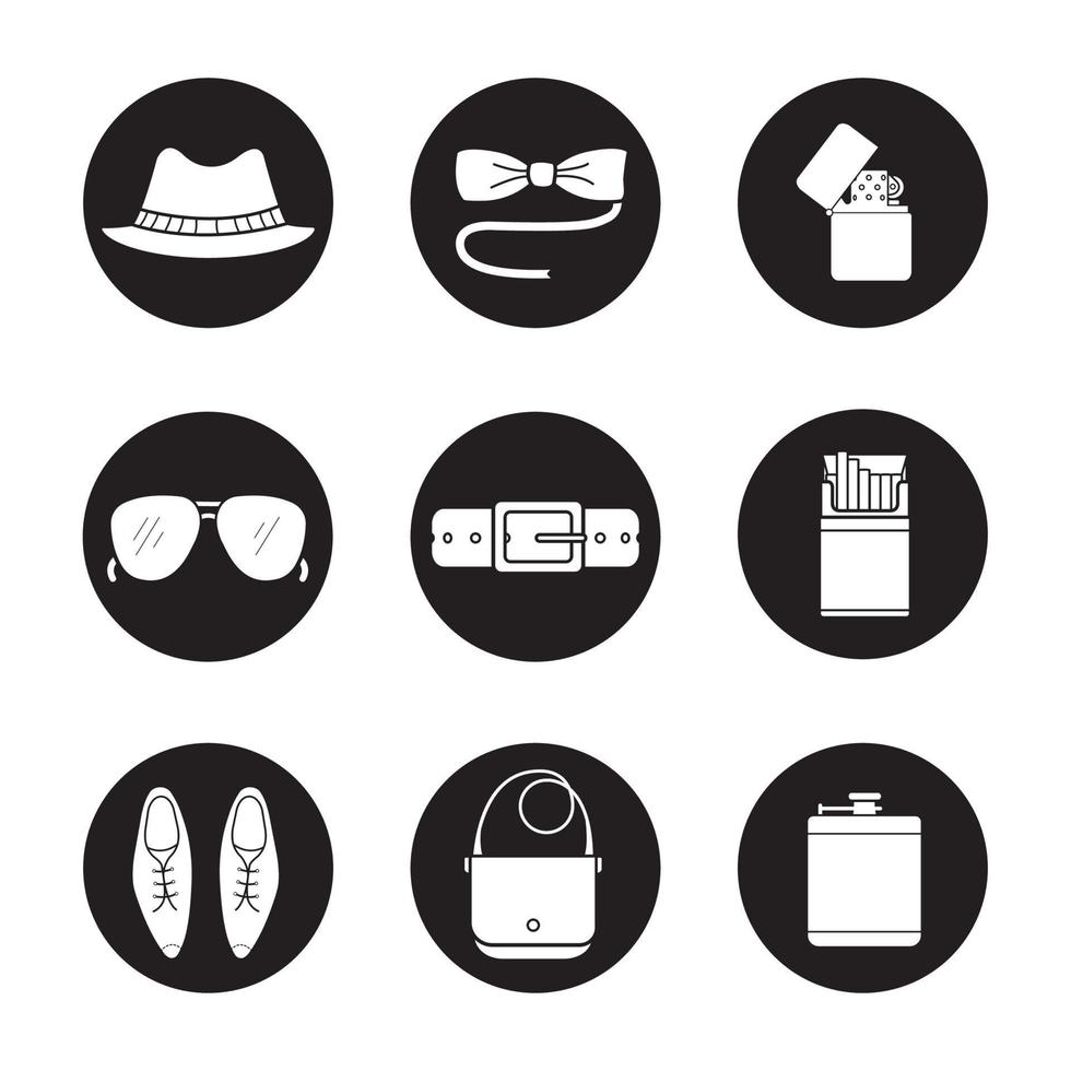 conjunto de iconos de accesorios para hombres. corbata de mariposa, gafas de sol, sombrero, petaca de alcohol, paquete de cigarrillos abierto, cinturón de cuero, bolso, zapatos clásicos y símbolos de encendedor. vector ilustraciones blancas en círculos negros