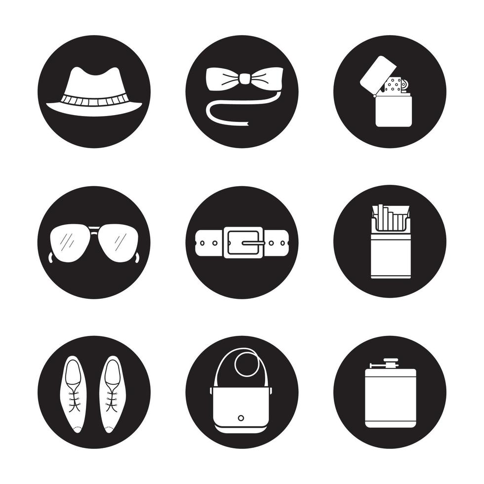 Men's accessories icons set. Butterfly tie, sunglasses, hat, alcohol flask, open cigarette pack, leather belt, bag, classic shoes and flip lighter symbols. Vector white illustrations in black circles