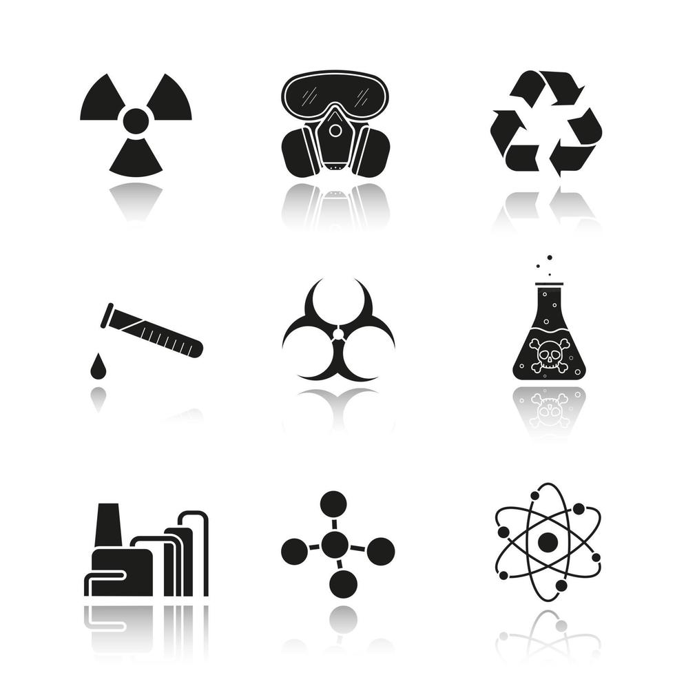 Chemical industry drop shadow black icons set. Gas mask, recycle symbol, chemical test tube, poison danger liquid, factory pollution. Biohazard and molecule symbols. Isolated vector illustrations