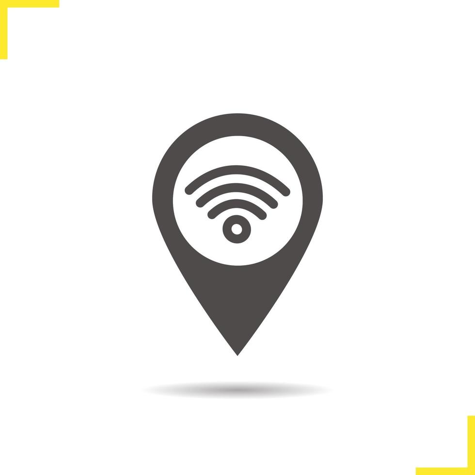 Wifi hotspot icon. Drop shadow silhouette symbol. Pinpoint with wi fi signal inside. Internet geolocation mark. Negative space. Vector isolated illustration