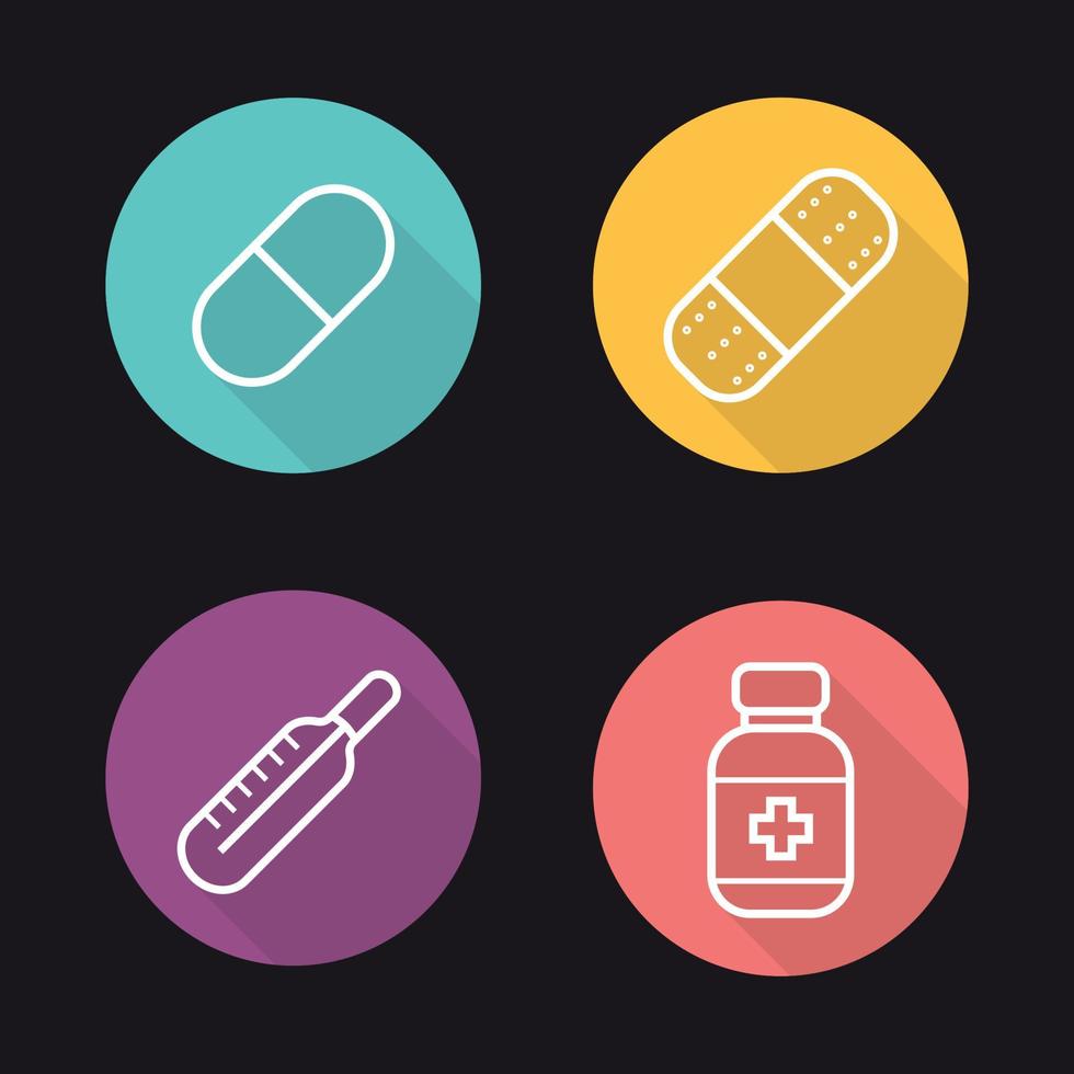 Home medicine flat linear long shadow icons set. Medicine pill, band aid plaster, thermometer and pills bottle. Vector line symbols