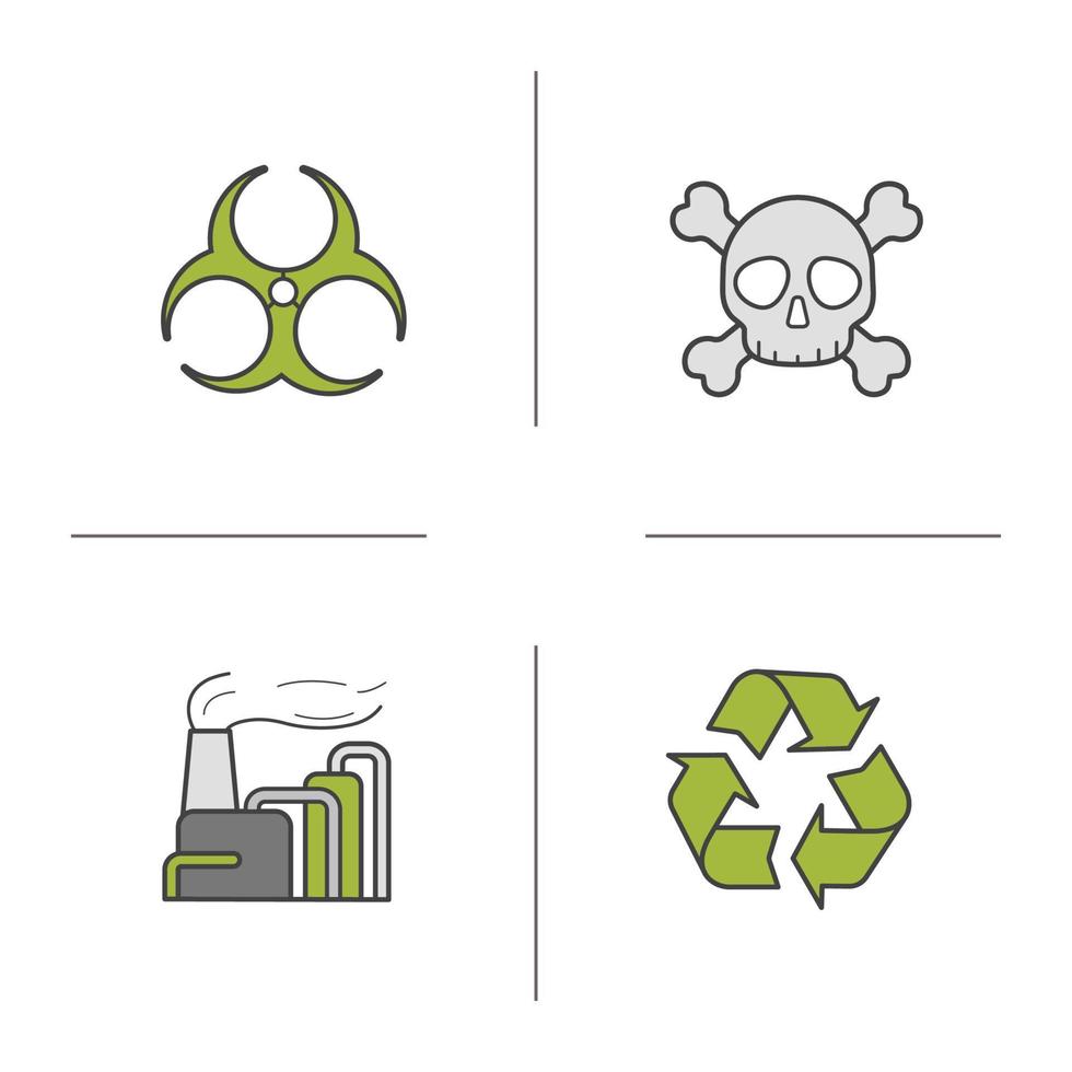 Industrial pollution color icons set. Biohazard and recycle symbols, factory air pollution and skull with crossbones. Vector isolated illustrations