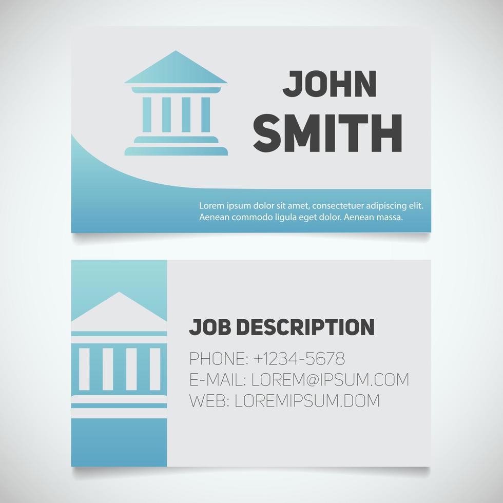 Business card print template with courthouse logo. Easy edit. Manager. Bank building. lawyer. Advocate. Judge. Banker. Stationery design concept. Vector illustration