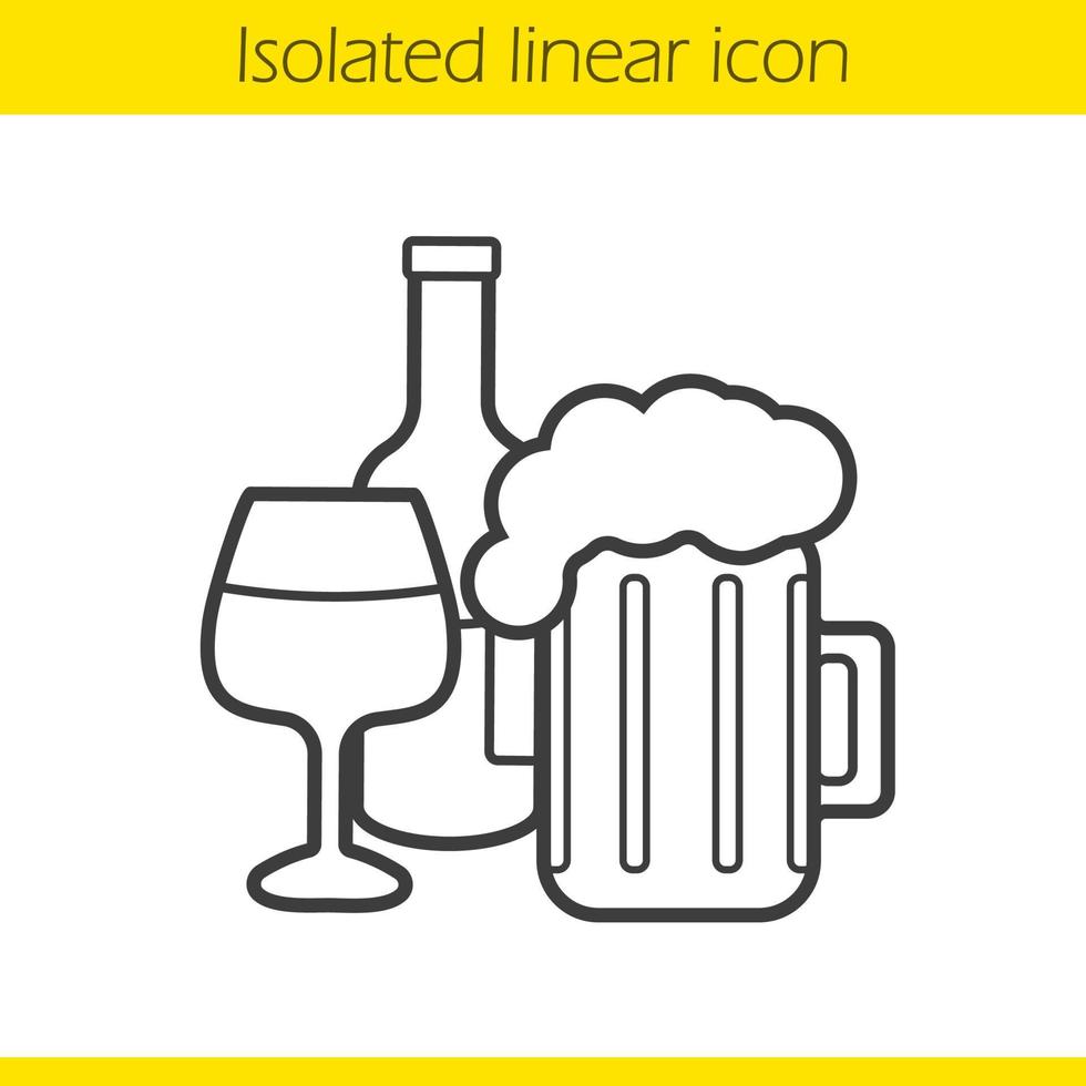 icono lineal de alcohol. jarra de cerveza espumosa, copa de vino y botella ilustración de línea fina. símbolo de contorno de bebidas alcohólicas. dibujo de contorno aislado vectorial vector