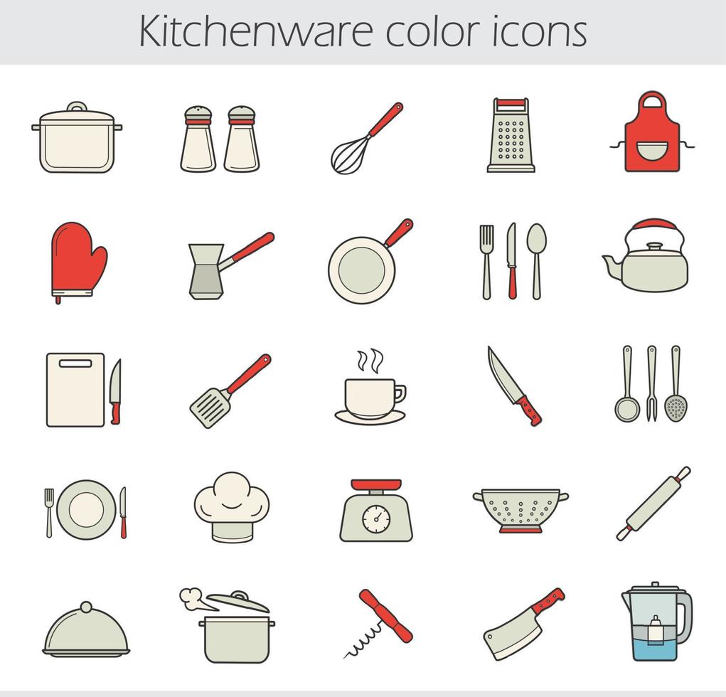 Conjunto de iconos de colores de instrumentos de cocina. utensilios y  electrodomésticos de cocina. Utensilios de