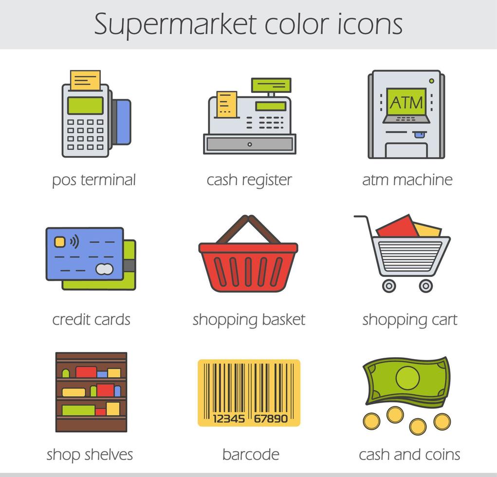 Supermarket color icons set. Pos terminal, cash register, atm machine, credit card, shopping basket and cart, shop shelves, barcode, cash and coins. Vector isolated illustrations