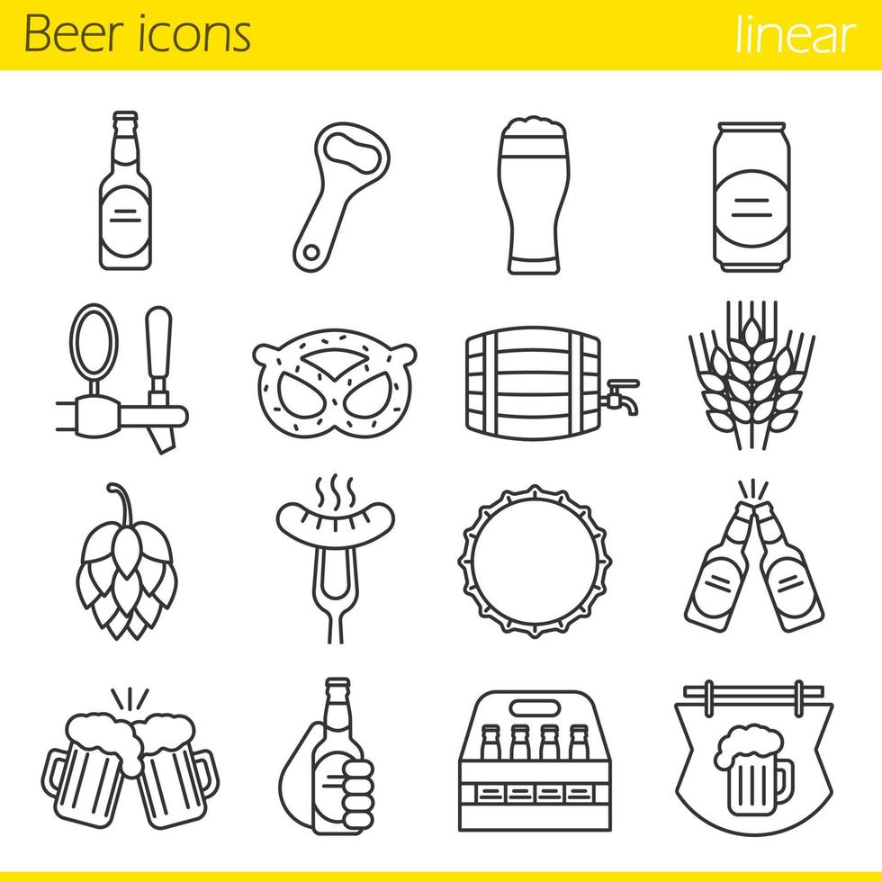 Beer linear icons set. Bar and pub thin line contour symbols. Beer glass, bottle, can, mug, keg, crate, tap, cap, bottle opener. Sausage, brezel, rye, hop and bar sign. Isolated vector illustrations