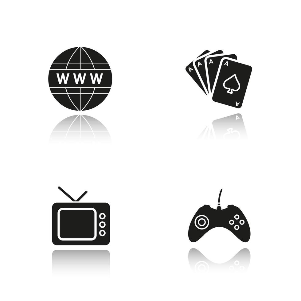 Addictions drop shadow black icons set. Game console joystick, www network symbol, playing cards deck, retro tv-set. Gambling, internet, gaming and tv addictions. Isolated vector illustrations