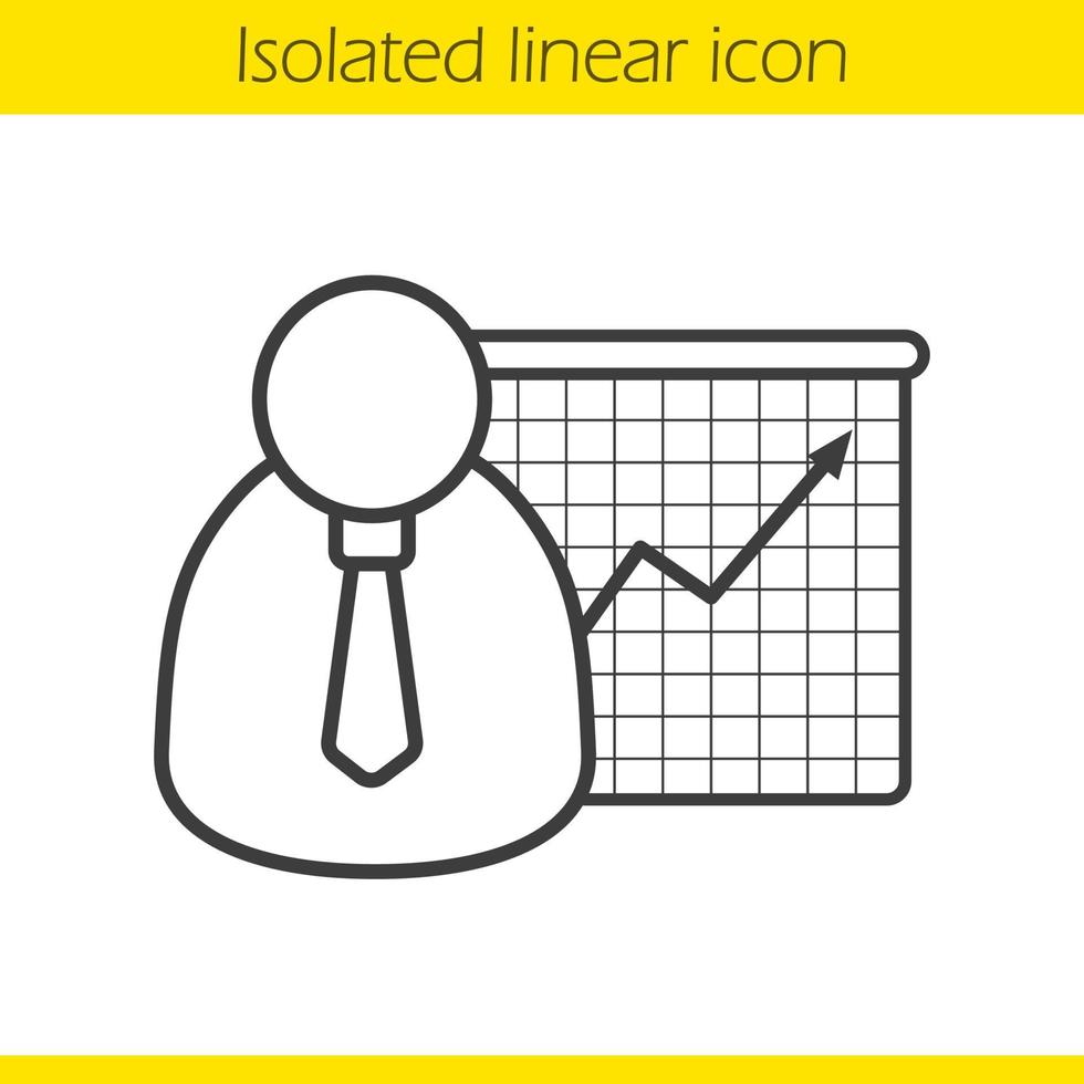 Business presentation linear icon. Thin line illustration. Businessman in tie with income growth chart. Market analysis. Contour symbol. Vector isolated outline drawing