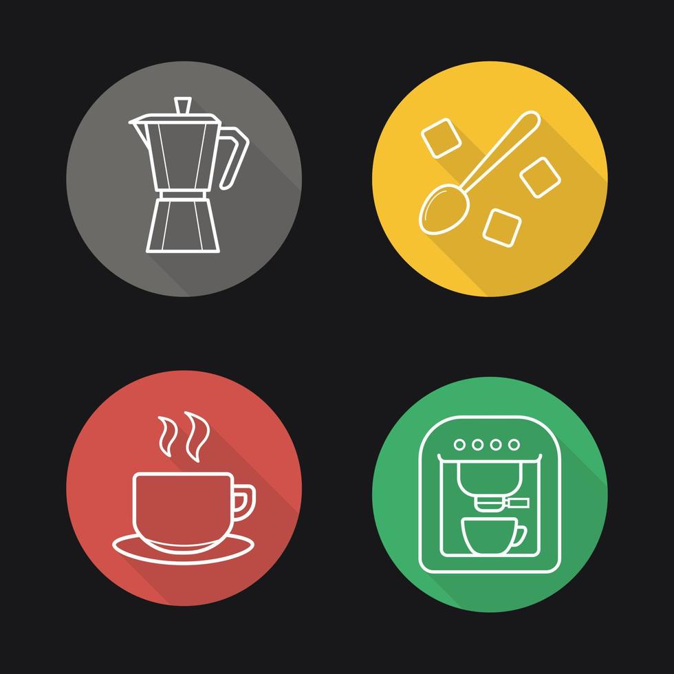 Conjunto de iconos de café plana lineal larga sombra. cafetera clásica, máquina de espresso, taza humeante en plato, cuchara con terrones de azúcar refinada. símbolos de línea vectorial vector
