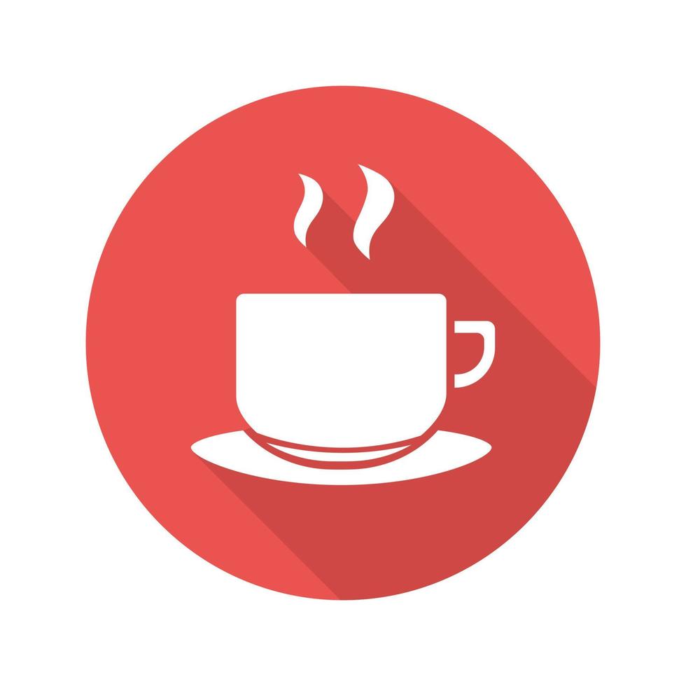 taza de té en el icono rojo de la larga sombra del diseño plano de la placa. taza de café humeante. símbolo de silueta vectorial vector