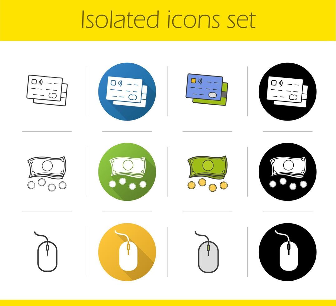 Online banking icons set. Flat design, linear, black and color styles. Credit cards, cash and coins, computer mouse. Isolated vector illustrations