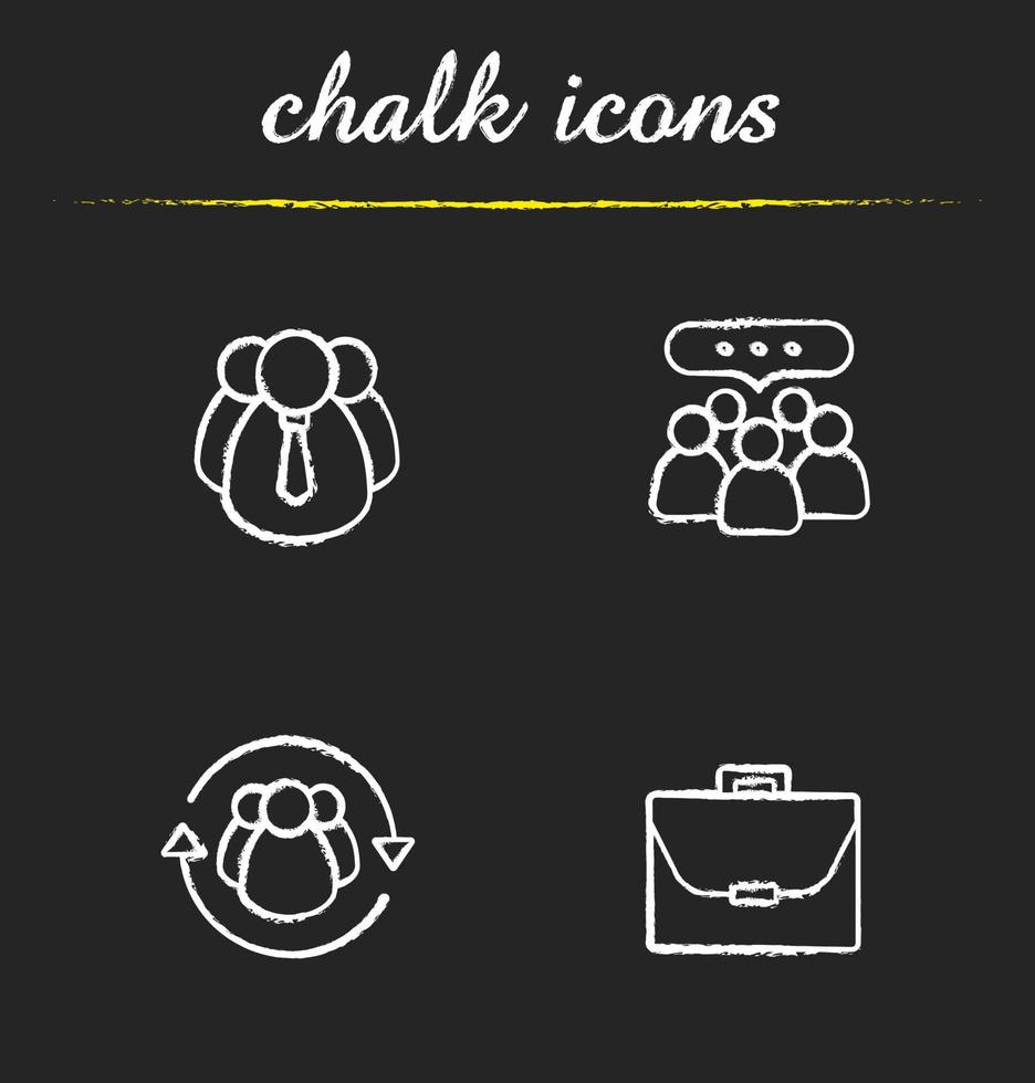 Business concepts chalk icons set. Company employees, leadership, team communication and briefcase illustrations. Isolated vector chalkboard drawings