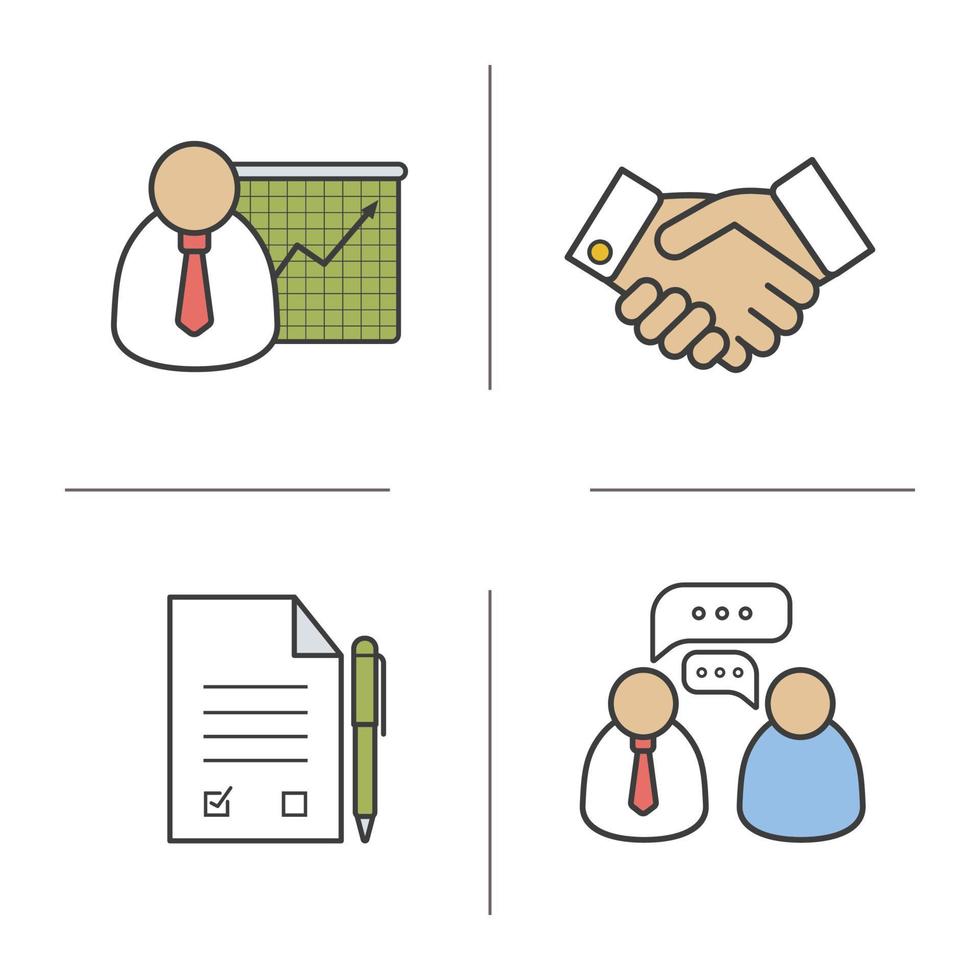 Business color icons set. Presentation with graph, handshake symbol, signed contract with pen, business talk. Vector isolated illustrations