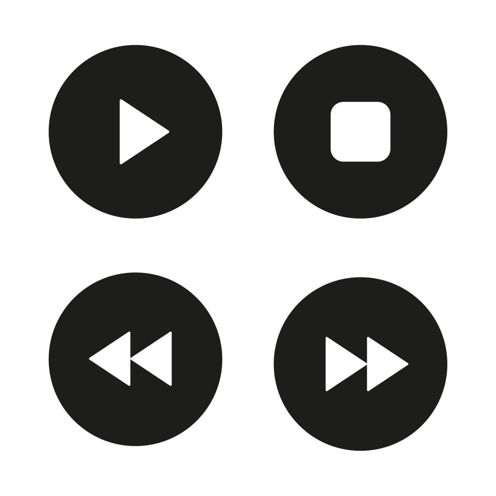 Music player navigation icons set. Play, stop, forward, backward buttons. Vector white illustrations in black circles