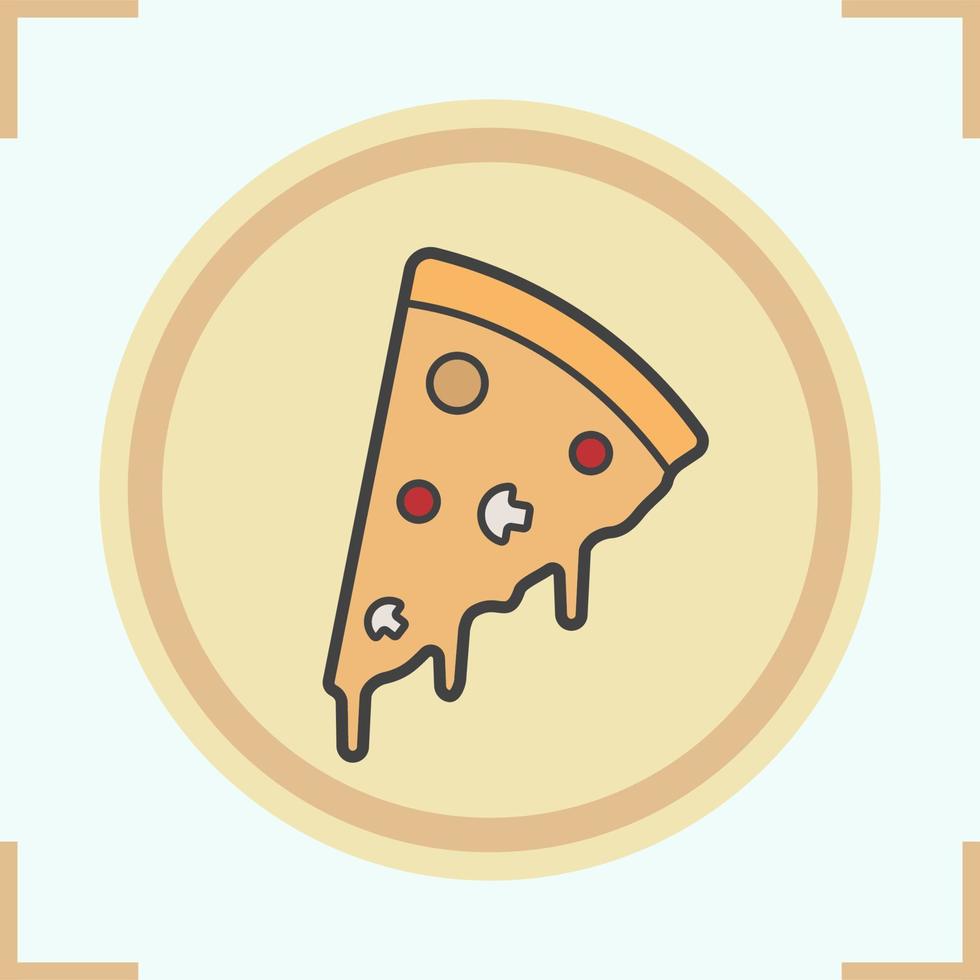 Pizza slice color icon. Pizzeria emblem. Italian pizza with flowing cheese. Isolated vector illustration