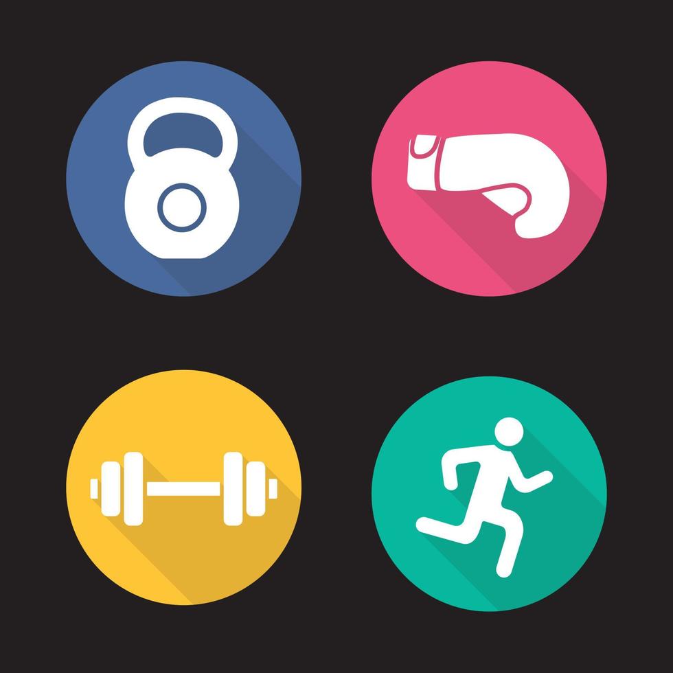 Sport flat design long shadow icons set. Gym barbell and kettlebell, running man and boxing glove. Active lifestyle vector symbols