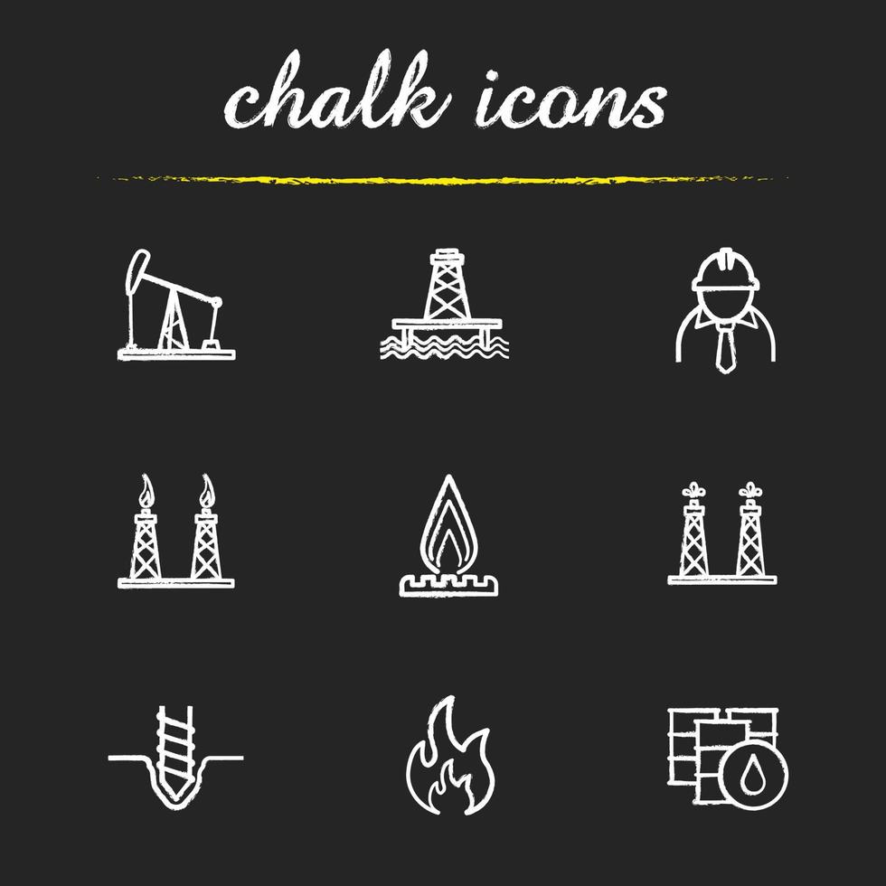 Oil industry chalk icons set. Pump jack, barrels, drilling bit, gas and fuel production platforms, flammable sign, industrial worker, offshore well illustrations. Isolated vector chalkboard drawings