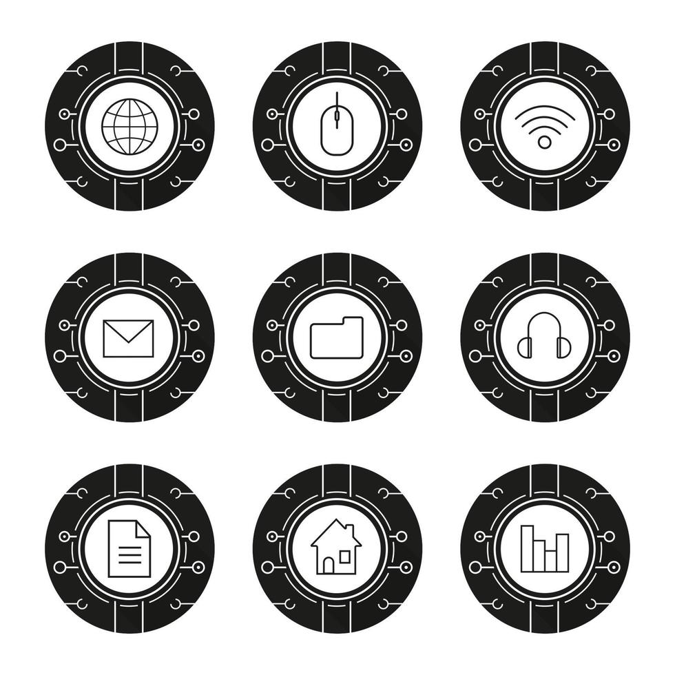 Conjunto de iconos de tecnología cibernética. computación en la nube. wifi, acceso, almacenamiento digital, seguridad de correo electrónico, red mundial, documento web, música digital, casa inteligente. vector ilustraciones blancas en círculos negros