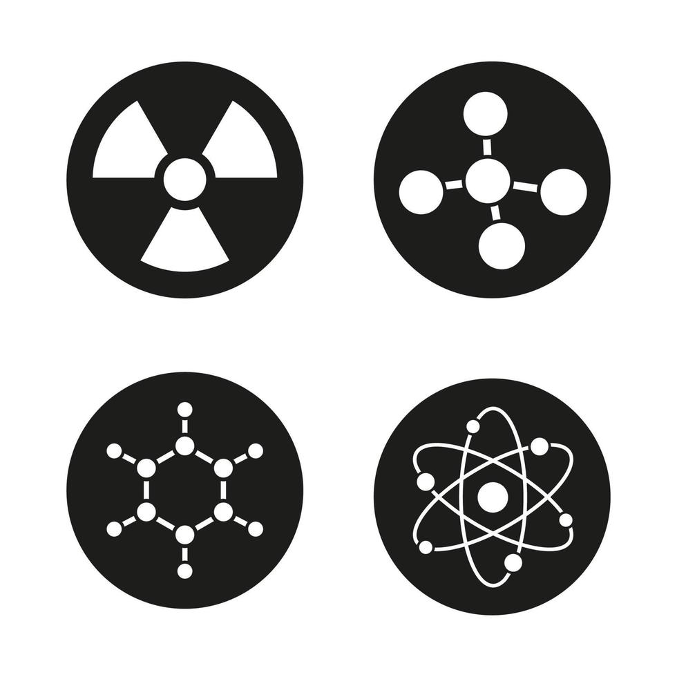 Conjunto de iconos de química y física. átomo, molécula y señal de precaución radiactiva. signo de radiación. símbolos de la ciencia. vector ilustraciones blancas en círculos negros