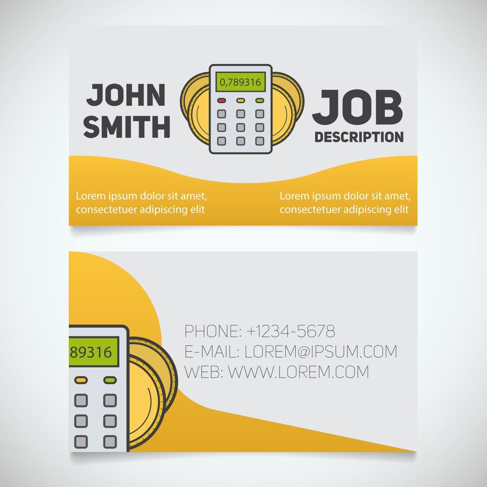 Business card print template with calculator and coins logo. Easy edit. Manager. Accountant. Cashier. Bank worker. Stationery design concept. Vector illustration