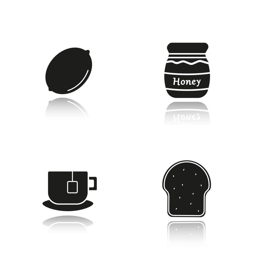 Breakfast ingredients drop shadow black icons set. Lemon, honey pot, teacup on plate, toasted bread. Isolated vector illustrations