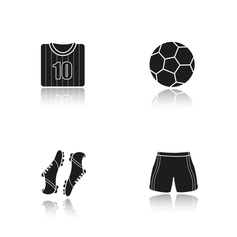 Soccer drop shadow black icons set. Football shirt, boots and shorts, ball. Soccer player kit. Isolated vector illustrations