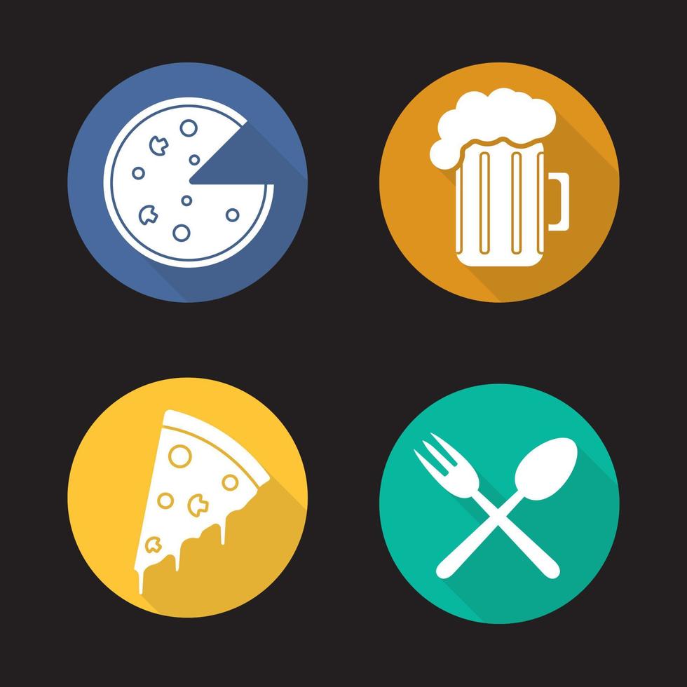 Pizzeria flat design long shadow icons set. Pizza slice, foamy beer glass, fork and spoon eatery symbol. Vector silhouette symbols