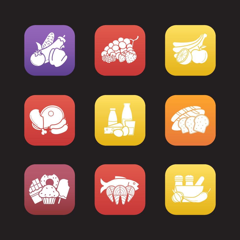 Conjunto de iconos de diseño plano de grupos de alimentos. categorías de productos de la tienda de comestibles. verduras, bayas, frutas, carnes, lácteos, pan, confitería, mariscos, especias. interfaz de la aplicación web. vector