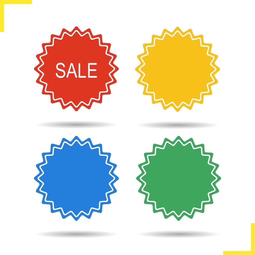 Sale signs in different colors. Drop shadow red, blue, yellow, green sale stickers. Online shop promotion banners. Isolated illustrations. Special offer. Vector red, blue, yellow, green sale labels