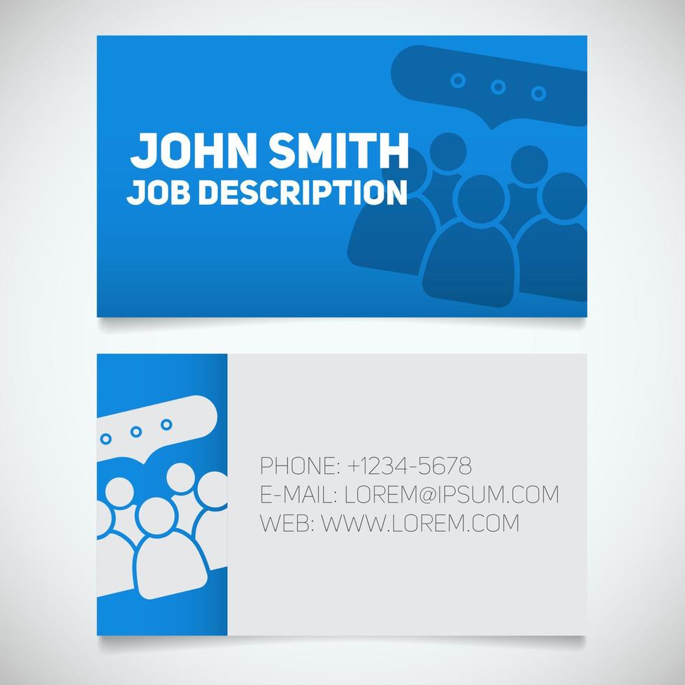 Business card print template with meeting logo. Easy edit. Manager. Teamwork. Team communication. People group with chat bubble. Stationery design concept. Vector illustration